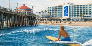 A surfer rides a wave near a beach, with a bustling pier and resort in the background under a bright sky. Palm trees line the shore.