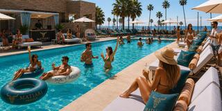 A sunny pool scene features people relaxing with drinks, lounging on chairs, and enjoying the vibrant atmosphere under palm trees.