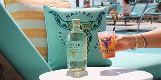 A sunny pool scene features people relaxing with drinks, lounging on chairs, and enjoying the vibrant atmosphere under palm trees.