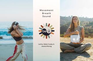 A serene beach scene features two women engaging in movement and meditation, promoting wellness through breath and sound.
