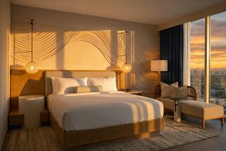 A stylish hotel room features a cozy bed, modern decor, and large windows showcasing a beautiful sunset. Warm lighting enhances the ambiance.
