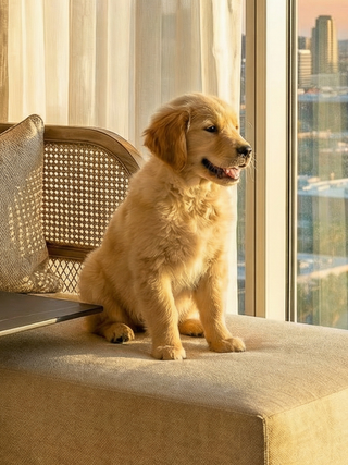 A golden retriever puppy sits on a soft surface, basking in warm sunlight with a joyful expression, looking out towards a city view.