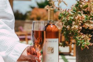 A glass of rosé wine is held next to a bottle labeled "Trinitas," surrounded by lush greenery and a sunny outdoor setting.