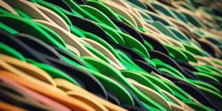 A vibrant array of overlapping textured shapes in green, black, and tan, creating a dynamic and visually engaging pattern.