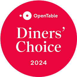 A red circular badge featuring "Diners' Choice 2024" with the OpenTable logo, highlighting top restaurant selections for the year.