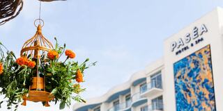 A decorative birdcage hangs with vibrant flowers, set against the backdrop of a modern hotel with a colorful facade.