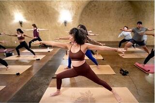 A group of individuals practices yoga in a warm, inviting studio, focusing on their poses with concentration and energy.