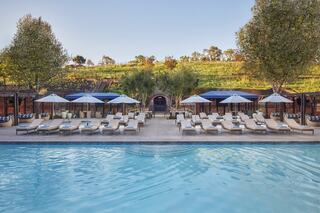 A serene pool area features lounge chairs, umbrellas, and a backdrop of lush greenery, providing a perfect setting for relaxation.