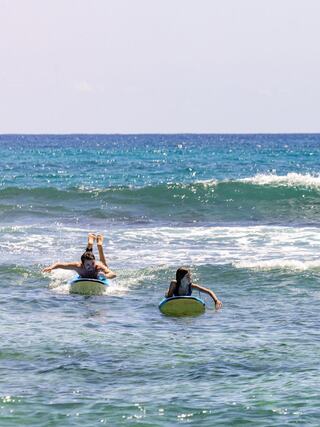 Two surfers paddle on their boards in clear blue waters, with gentle waves rolling in under a bright sky.