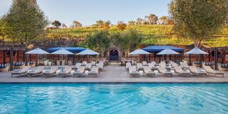 A serene poolside scene features lounge chairs and umbrellas, surrounded by lush greenery and a vineyard backdrop under a clear sky.