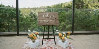 A romantic setup features a wooden sign asking, "Will you marry me?" flanked by floral arrangements, set against a lush green background.