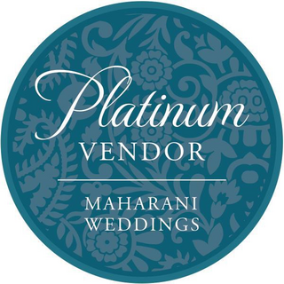 A circular logo featuring elegant floral patterns, with the text "Platinum Vendor" and "Maharani Weddings" in stylish fonts.