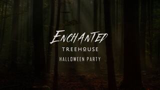 A mystical forest scene with dark trees and soft light, featuring the text "Enchanted Treehouse Halloween Party" in a magical font.