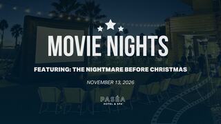 Outdoor movie night at Paséa Hotel & Spa, showcasing "The Nightmare Before Christmas" on November 13, 2026. Stars and palm trees in view.