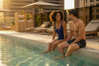 A smiling woman in a swimsuit and a man in shorts sit by a pool, their feet in the water, enjoying a sunny moment together.