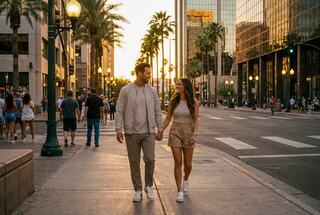 A couple strolls hand in hand down a lively city street, palm trees swaying, bathed in warm sunset light, with people and skyscrapers around.