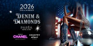 A glamorous New Year's Eve event titled "Denim & Diamonds" at Paséa Hotel & Spa in 2026, featuring a sparkling theme and country night vibes.