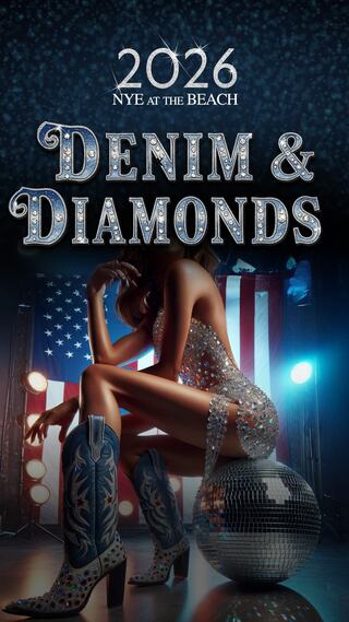 A glamorous event announcement for New Year's Eve 2026, featuring a stylish individual in sequined attire and cowboy boots against a festive backdrop.