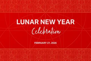 Bold text announces a Lunar New Year celebration on February 27, 2026, set against a vibrant red background with swirling patterns.