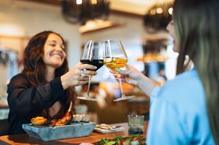Two women toast with glasses of wine at a restaurant table, enjoying a meal with dishes and cheerful expressions.