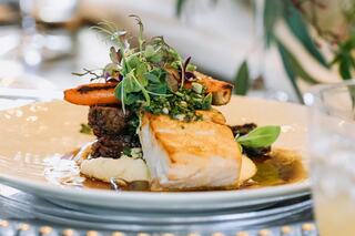 A beautifully plated dish featuring grilled fish atop creamy mashed potatoes, garnished with fresh herbs and vibrant vegetables.