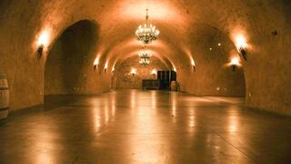 A spacious, elegantly lit wine cellar features arched ceilings, warm lighting from chandeliers, and rustic wooden barrels.